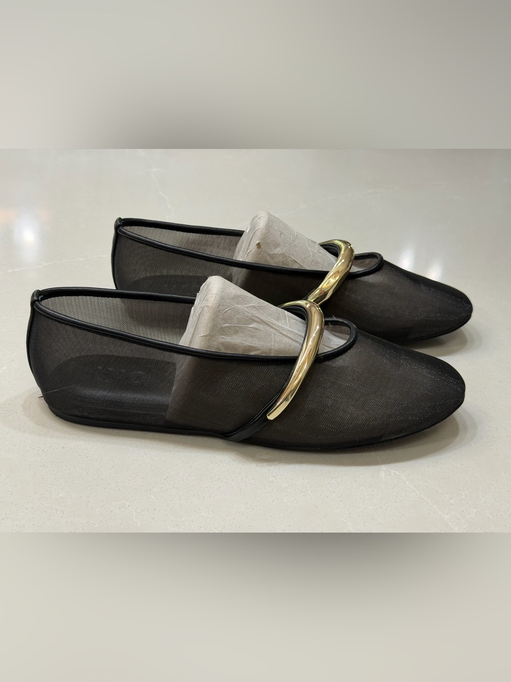INC Rahmi Black Mesh Mary Jane Flats Gold Hardware Ballet, 9